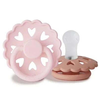 Image of FRIGG Fairytale Silicone Pacifier Pack of 2 Soother Dummy BPA Free Made in Denmark Symmetrical Cherry Shaped Nipple (White Lilac/Pretty Peach (0 6 Months))