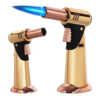 Image of Butane Torch, Premium Double Flame Big Kitchen Torch Lighters with Safety Lock Adjustable Refillable Multipurpose Culinary Blow for Creme Brulee, Baking, BBQ (Butane Gas Not Included) (Grey)