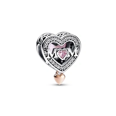 Image of Pandora Moments Mum heart sterling silver and 14k rose gold plated charm with clear, fancy fairy tale pink cubic zirconia