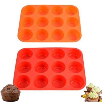 Image of Dolaso 2 Pcs 12 Cup Silicone Muffin Trays, Yorkshire Pudding Tray, Cake Moulds for Baking, Non Stick Tin, Baking Mould Muffins, Bakeware Cupcakes