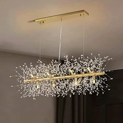 Image of EFPD Modern Crystal Firework Chandelier, Gold Dandelion Rectangle for Dining Room, Bedroom, Living Room (12 Light, 36 in.)