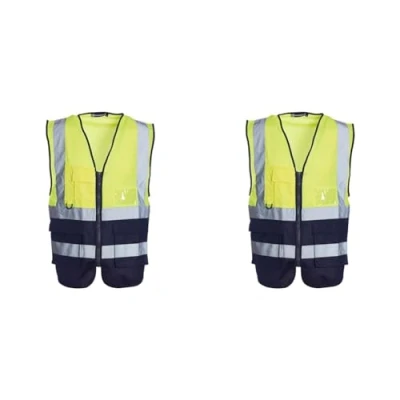 Image of Blackrock Yellow &amp; Navy Premium Hi Vis Vest With Pockets, ID Pouch Key Loop, Mens Womens Reflective High Vests Secure Zip, Safety Security Clothing, Fully EN Certified Size XL