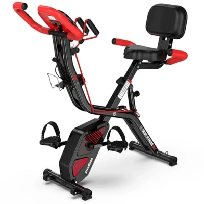 Image of pooboo Folding Exercise Bike, Fitness Stationary Bike Machine, Upright Indoor Cycling 4 in 1 Magnetic X with 8 Level Adjustable Resistance, Bottle Holder, Arm Resistance Bands, Pulse Sensor