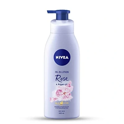 Image of Nivea Rose and Argan oil Body Lotion 400 ml (13.5 oz) goodness of natural in a fast absorbing lotion. Dry Skin India
