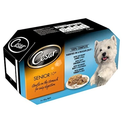 Image of Cesar 10+ Wet Dog Food for Senior Dogs, Meat Selection in Jelly, 24 Trays (24 x 150 g)