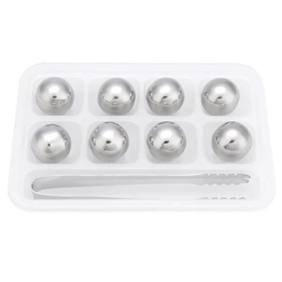 Image of Zerodis Whiskey Ice Chiller Stones Stainless Steel Spheres Reusable Wine Drinking with Freezing Storage Tray and Tongs for Beer Cooling(Ball)