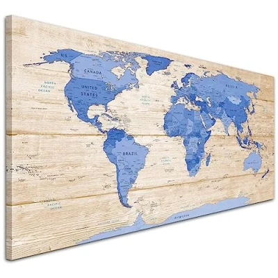 Image of Wallfillers Large Blue Cream Map of World Atlas Canvas Wall Art Print Modern 118x49cm 1308