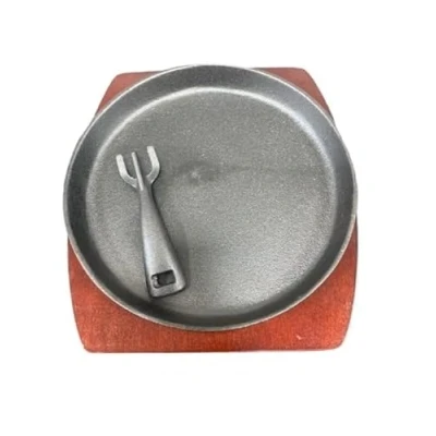 Image of Cast Iron Sizzler Plate Round Serving Pan with Wooden Trivet Grip for Hot Sizzling Dishes 25cm