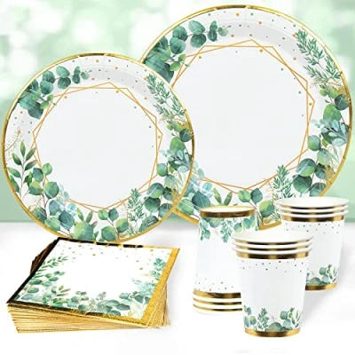 Image of Sage Green Paper Plates Napkins Cups Set, 96Pcs Gold Party Tableware, Disposable Baby Shower and for Birthday Supplies,Baby Shower,Jungle Safari Decoration