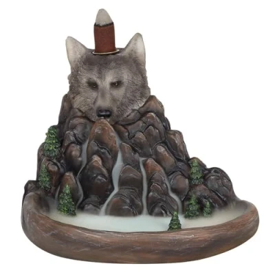 Image of Grey Resin Wolf Cliff Backflow Incense Burner 13.5cm x 16cm (1 Pc.) Unique &amp; Eye Catching Design Enhance Relaxation Meditation Ideal for Artistic Home Decor