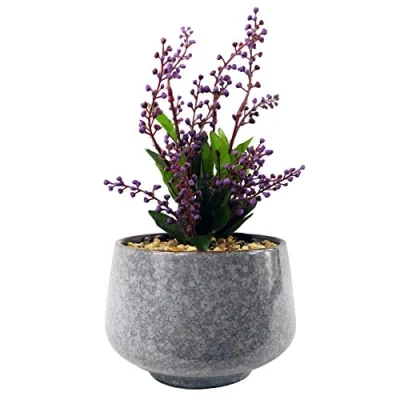 Image of Leaf Ceramic Tall Blue Planter with Artificial Office Desk Plant, Purple Vitex Negundo, 28cm