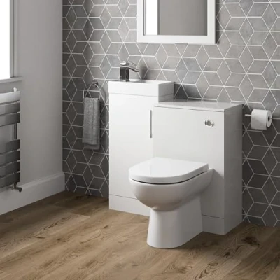 Image of AURORA® 900mm Combination Vanity Unit Furniture Set, Wash Basin Bathroom Sink, BTW Toilet Pan &amp; Soft Close Seat, Storage Cabinet, Reversible, White Gloss