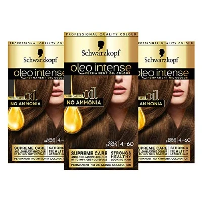 Image of Schwarzkopf Oleo Intense Brown Hair Dye, 3 Pack Permanent Oil Colour, No Ammonia, Covers Greys, Gold 4 60