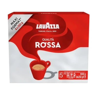 Image of Lavazza, Qualità Rossa, Ground Coffee, 4 x 250g, Ideal for Moka Pots, with Aromatic Notes of Chocolate and Dried Fruits, Arabica Robusta, Intensity 5/10, Medium Roasting