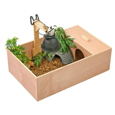 Image of KCT Small Wooden Tortoise Table Reptile Vivarium Cage Hide with Open Run and Lamp Arm