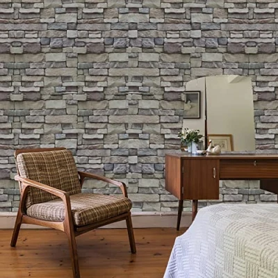 Image of Ohmywor Brick Wallpaper Self Adhesive Peel and Stick Stone Paste Effect Lining Paper Vinyl Film for Living Room Walls Bedroom Kitchen Bathroom 45x300CM