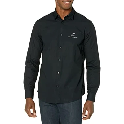 Image of Armani Exchange Men&#039;s Ax Long Sleeve Icon Logo Button Shirt, Black, S