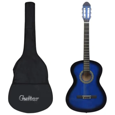 Image of &#039;vidaXL Classical 4/4 full size 39&quot; Guitar for Beginners, Amateurs and Traveling Musicians Solid Basswood, Nylon Strings, Hard Plastic Fingerboard Comes with a Fabric Bag Blue