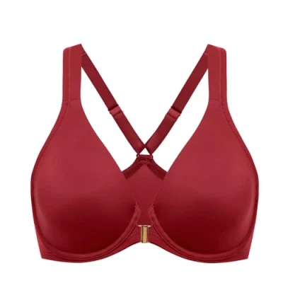 Image of Delimira Women&#039;s Front Fastening Bras Seamless Unlined Racer Back Plus Size Underwired Plunge Bra Red Revelry 40DD
