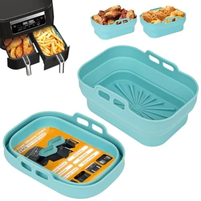 Image of Alyvisun Air Fryer Silicone, 2PCS Reusable Dual Airfryer Accessories Liner Foldable Baking Rack Moulds Rectangular Basket Versatile Non Stick Tray (Blue)