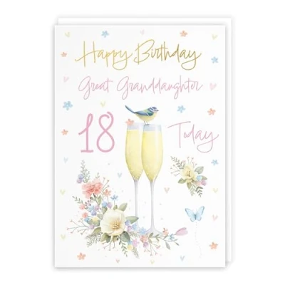 Image of Hunts England 18th Great Granddaughter Champagne Flutes Birthday Card Luxury Gold Foil Milo&#039;s Gallery Age 18 Butterflies, Hearts, Flowers For A5 Size