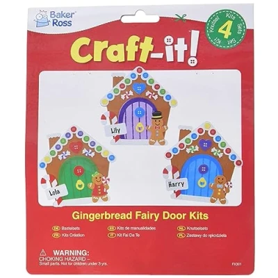 Image of Baker Ross FX301 Gingerbread House Fairy Door Kits Pack of 4, Christmas Decoration Craft Kit for Kids, Kids Foam Sticker