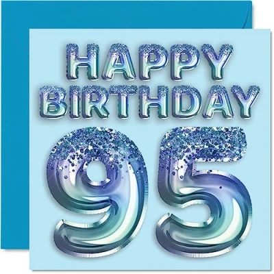 Image of 95th Birthday Card for Men Blue Glitter Party Balloon Happy Cards 95 Year Old Man Great Grandpa Grandad Dad Gran, 145mm x Ninety Five Fifth Bday Greeting Gift