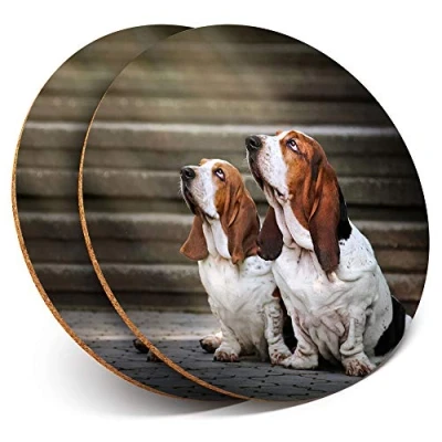 Image of 2 x Round Coasters Bassett Hound Puppy Dog Couple Cork Backed Home Kitchen Accessory Tea Coffee Mug Mat #16330