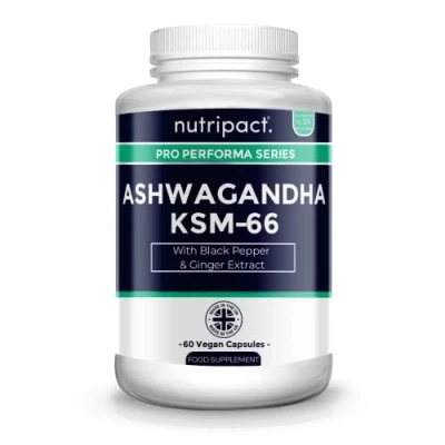 Image of Nutripact Ashwagandha KSM 66 Capsules 3 in 1 Complex with Black Pepper (Piperine) &amp; Ginger Extract 5% Withanolides High Strength Ashwaganda Supplement 60 Vegan (not Tablets) UK