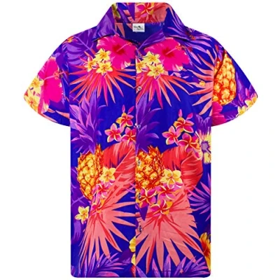 Image of King Kameha Men&#039;s Pineapple Designs Summer Party Shirts Short Sleeve, Pineapple, Darkblue, XS