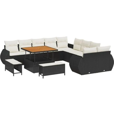 Image of vidaXL 13 Piece Garden Sofa Set with Cushions Black Poly Rattan Acacia