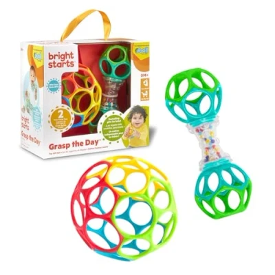 Image of Bright Starts Easy Grasp Oball Bundle Gift Set The Day, Ball and Rattle Toys 2 Pack, BPA Free, Unisex, Newborn+