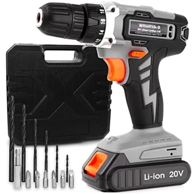 Image of Terratek Cordless Drill Driver 20V Li Ion 1HR Fast Charge Battery, 13Pc Electric Screwdriver Set, LED Work Light, Quick Change Power Battery with Charger &amp; Carry Case Included