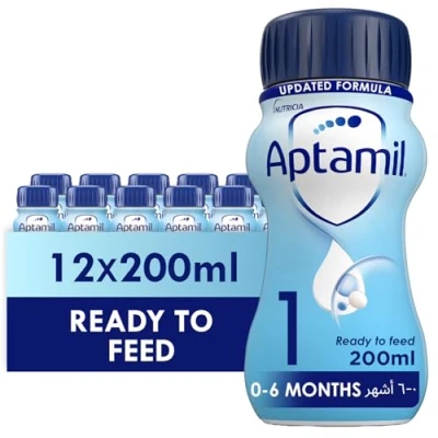 Image of Aptamil 1 First Infant Baby Milk Ready to Use Liquid Formula, from Birth, 200 ml (Pack of 12),packaging may vary