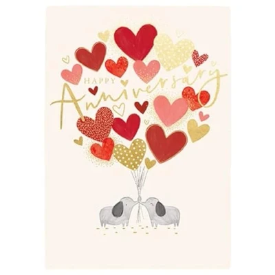 Image of Paperlink Artistic Open &#039;Happy Anniversary&#039; Greeting Card Elephants &amp; Heart Balloons Illustration With A Gold Foil Finish