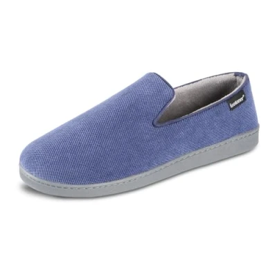 Image of isotoner Men&#039;s Diamond Corduroy Moccasin Slippers Gel Memory Foam, Navy Blue, 10/11 UK
