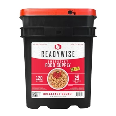 Image of ReadyWise, 120 Servings, Breakfast Only, 4 Different Recipies, Granola, Muesli &amp; Strawberry, Grab Go Bucket, Freeze Dried, Up To 25 Years Shelf Life, Emergency Food