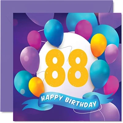 Image of 88th Birthday Card for Men Women Balloon Party Happy Cards 88 Year Old Man Woman Great Grandad Grandpa Grandma Gran Nan Nanny Mum Dad, 145mm x Bday Greeting Gift