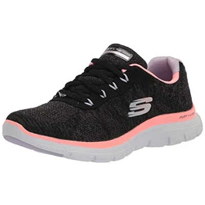 Image of Skechers Women&#039;s Flex Appeal 4.0 Fresh Move Sneaker,Black Mesh / Coral &amp; Lavender Trim,8 UK