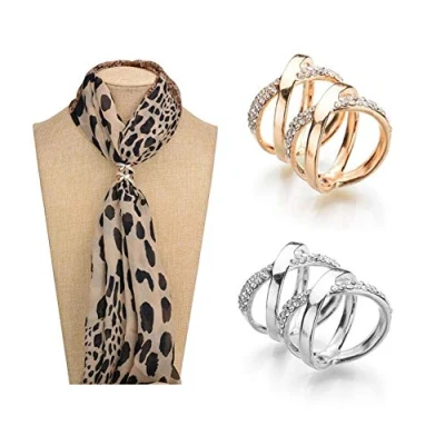 Image of 2PCS Rhinestone Inlayed Silk Scarf Clips Ring Fashion Scarves Buckle Wrap Holder Clamp Clasp for Clothing Neckerchief Shawl (Golden + Silver)