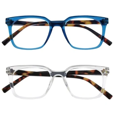 Image of OPULIZE KOI Reading Glasses 2 Pack Large Rectangular Frame Blue Clear Mens Womens Spring Hinges RR50 3C +2.00