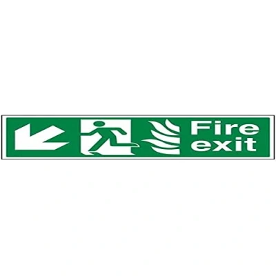 Image of VSafety NHS Fire Exit Arrow Down Left Sign Landscape 450mm x 150mm Self Adhesive Vinyl