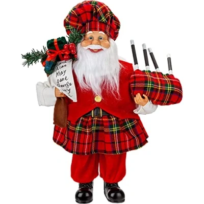 Image of VFM Scottish 40cm Father Christmas Traditional Figure Xmas Decoration Luxury Realistic Standing Santa Claus Ornament With Nordic Festive Red Tartan Suit