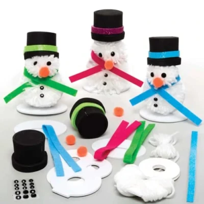 Image of Baker Ross FC121 Snowman Pom Craft Kit Pack of 3, Christmas Crafts, Decorations for Children to Make, Decorate and Display, Creative Activities Kids,