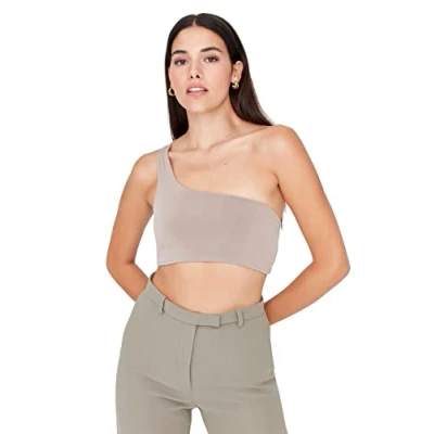 Image of Trendyol Women Young Slim fit Basic Asymmetrical Collar Knitted Blouse Beige