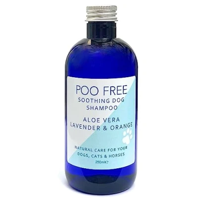 Image of POO FREE Soothing Shampoo for Dogs 99% Natural Aloe Vera, Orange, Lavender. Sulfate/Parabens Free. Cleans, Soothes, Relieves Itchy Skin. pH Balanced, Concentrated. 250ml