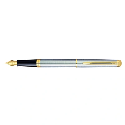 Image of Waterman Hémisphère Fountain Pen Stainless Steel with 23k Gold Trim Medium Nib Blue Ink Gift Box