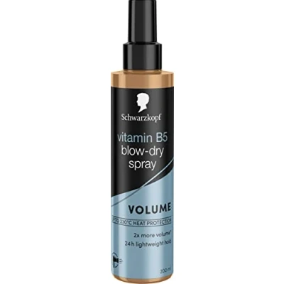 Image of Schwarzkopf Styling Vitamin B5 Blow Dry Hair spray, Volume and Shine, 24hr hold, 100C heat protectant 200ml, Pack of 1