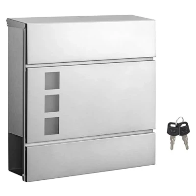 Image of SONGMICS Modern Stainless Steel Post Box with Newspaper Holder, Lid, Lockable, Easy to Install, Silver GMB052S02