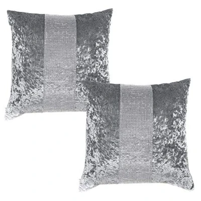 Image of Diamante &amp; Crushed Velvet Bed Runner Cushion Cover Sparkle Sets Silver/Grey (Grey, 2 x 18&quot; 18&quot;)